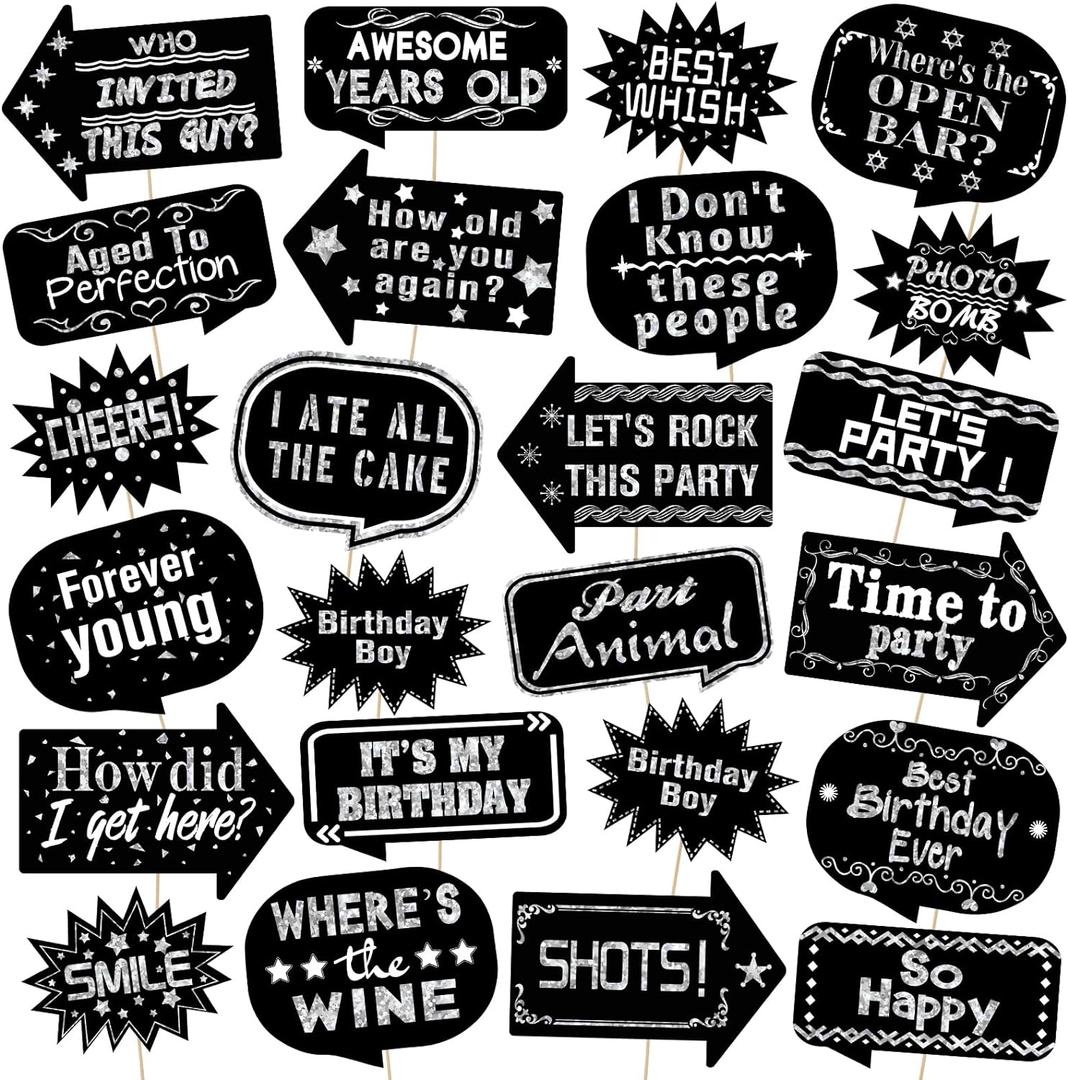 Outus 24 Pieces Photo Booth Props Birthday with Stick Happy Birthday Weddings Graduation Prom Bday Wedding New Year Party Supplies Funny Photo Booth Pose Signs Selfie for Men Women(Silver)