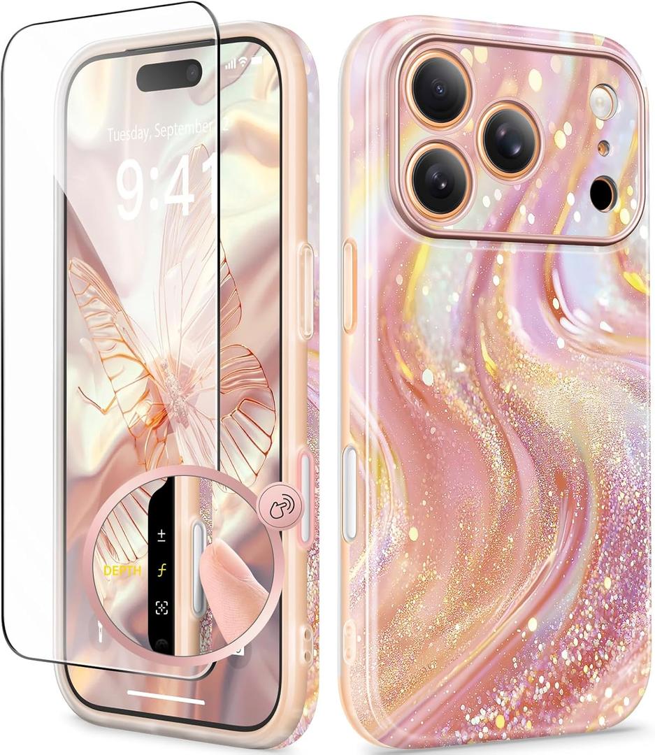 GVIEWIN for iPhone 17 Pro Case Compatible with MagSafe, with Screen Protector [Full Camera Protection] Military-Grade Shockproof Slim Magnetic Marble Phone Case for 17 Pro 6.3", Glistening/Pink