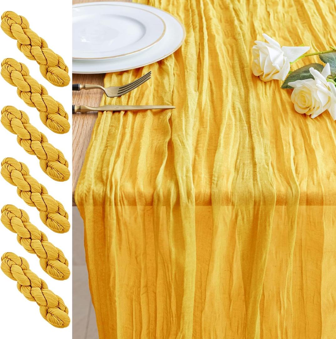 6PCS Table Runner Cheesecloth 10FT Gold Boho Gauze Cheese Cloth Rustic Sheer Table Runners for Wedding Bridal Baby Shower Party Decoration