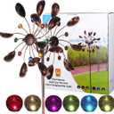 Solar Wind Spinner Multi-Color LED Lighting by Solar Powered Glass Ball with Kinetic Wind Aculptures Dual Direction Decorative Lawn Ornament Wind Mill.