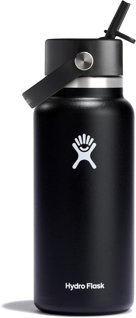 Hydro Flask Water Bottle - Insulated Stainless Steel - Wide Straw Lid, Non Spill, Leakproof in 32 Oz Black
