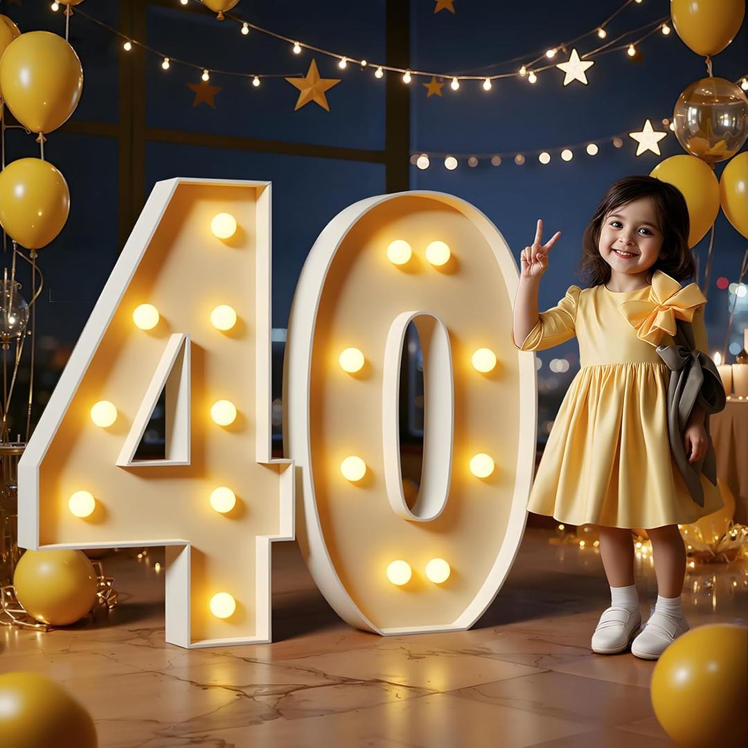 Marquee Numbers 3 Feet Tall Large Light Up Numbers 40th Birthday Decorations Women Men Big Yellow Light Outdoor Anniversary Decorations Balloon Arch Kit Party Backdrop 40