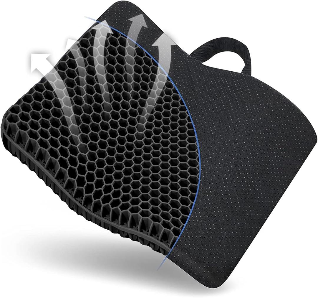 Gel Seat Cushion, for Long Sitting -Double Thick Gel Seat Cushion Breathable Honeycomb Chair Cushion with Non-Slip Cover for Office Chair Car, Wheelchair, Long Trips,Relief Sciatica Pain (Black)
