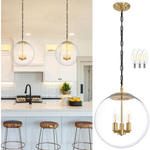 KoKo&Yukina 14" Gold Globe Pendant Light Mid Century Pendant Light Clear Glass Pendant Lights Kitchen Island Adjustable Hanging Light Fixture for Dining Room Bedroom Kitchen Island