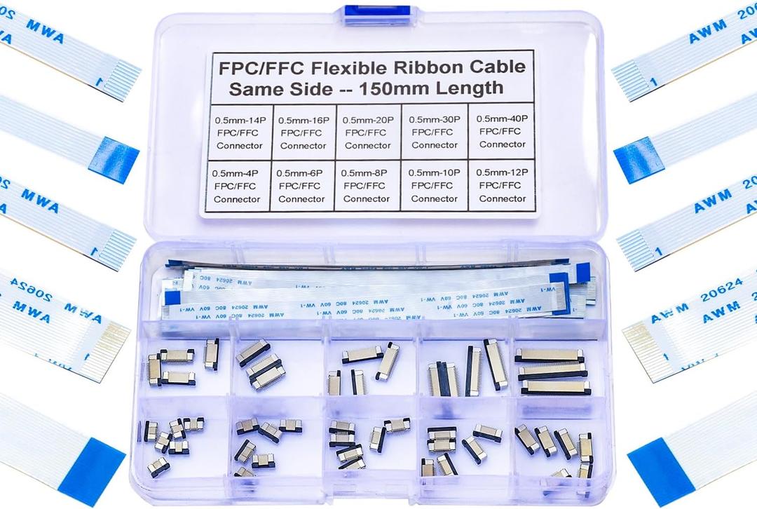 Flexible Flat Ribbon Cable Connectors Assortment Kit, 0.5mm A Type FFC FPC Connector Flat Cable Socket 4P 6P 8P 10P 12P 14P 16P 20P 30P 40P with Length of 150mm Cable (TC-0.5mm-A)