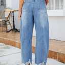 Allimy Womens High Waisted Barrel Horseshoe Baggy Jeans Trendy 2026 with Raw Hem Non Stretch (Blue, L)