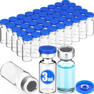50 Pcs 3ml Sealed Sterile Empty Vials with Self Healing Injection Port Clear Glass Empty Vials with Plastic-aluminum Flip Cap and Rubber Injection Stoppers Flat Bottom Lab Vial (Blue Lid)