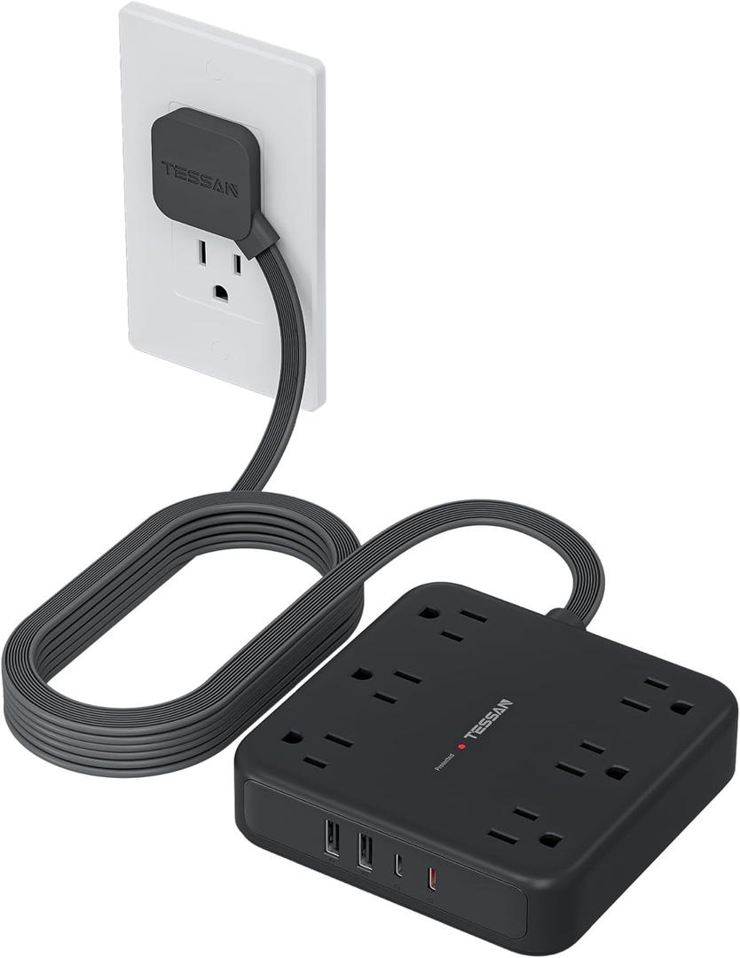 TESSAN 15Ft Black Extension Cord with Multiple Outlets, Surge Protector Power Strip with 6 Outlets and 4 USB Ports (2 USB C), 2100 Joules Protection, Flat Plug, Outlet Extender for Home, Office, Dorm