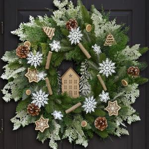 24" Winter Wreath with Wooden House Ornaments, Snowflakes, Deadwood Branches, and PineconesChristmas Wreaths, Indoor Outdoor Home Snow Scene Holiday Winter Door Wreath, Natural Forest Theme