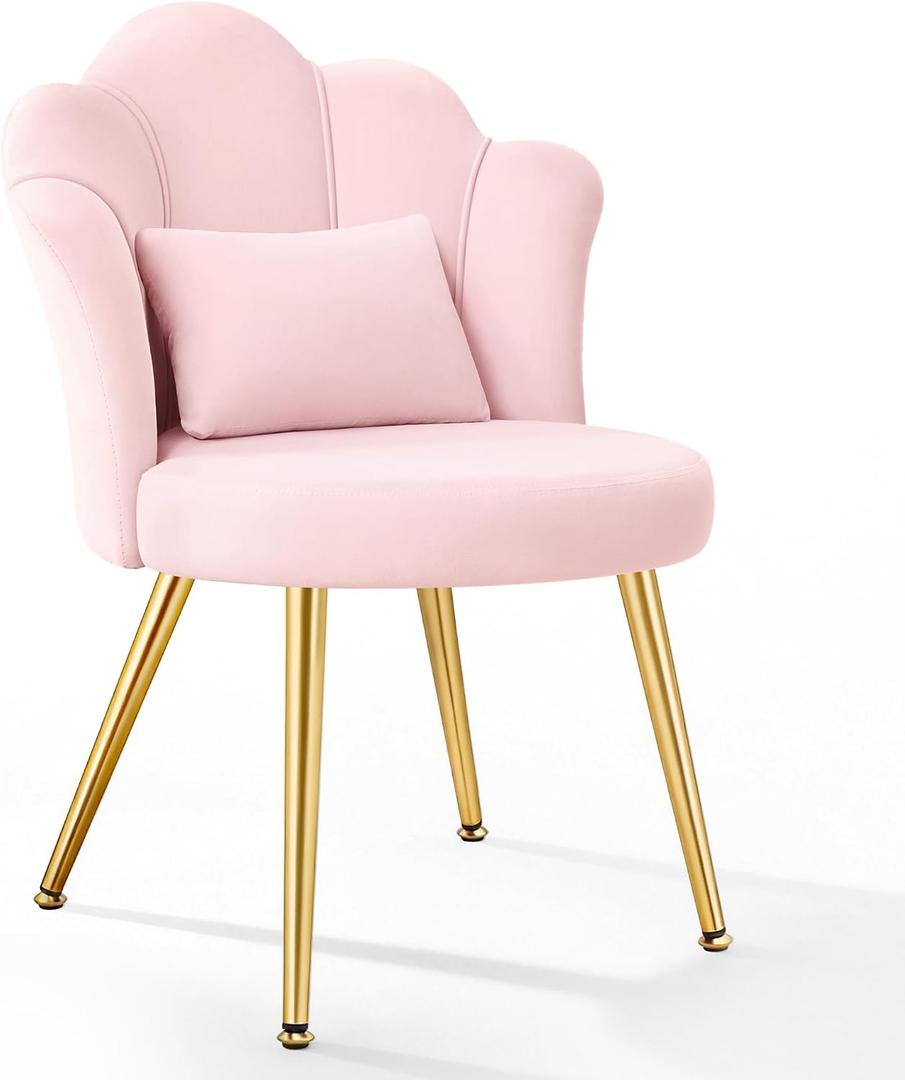 BestGlory Petal Makeup Vanity Chair with Back, Flower Chair Comfy No Wheels for Girls Women, Makeup Chair with Golden Metal Legs & Lumbar Pillow for Living Room/Makeup Room/Bedroom/Home Office - Pink, 19.7 inches x 19.7 inches x 33 inches