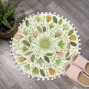 Uphome Small Round Rug 2 Circle Cute Bath Mat with Pom Poms Fringe Floral Plant Washable Bathroom Rugs Soft Non-Slip Circular Throw Rug Carpet for Shower Sink Powder Room Nursery Bedroom Table, Green