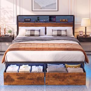 XKLOGER Full Bed Frame with 2 Drawers, Platform Bed with LED Lights & Charging Station, Wood Headboard with Storage Shelve, Noise Free, Heavy Duty Metal Slats Support, No Box Spring Needed