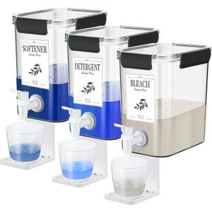 Soaoo 3 Set 67.6 oz Liquid Laundry Detergent Dispenser with Faucet and Cup Holder Labels Plastic Fabric Softener Container Detergent Drip Catcher for Laundry Room Washing Soap