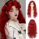 Dai Cloud Red Wigs with Bangs for Women Long Curly Wavy Soft Princess Synthetic Cosplay Halloween Hair Wig for Cosplay Use