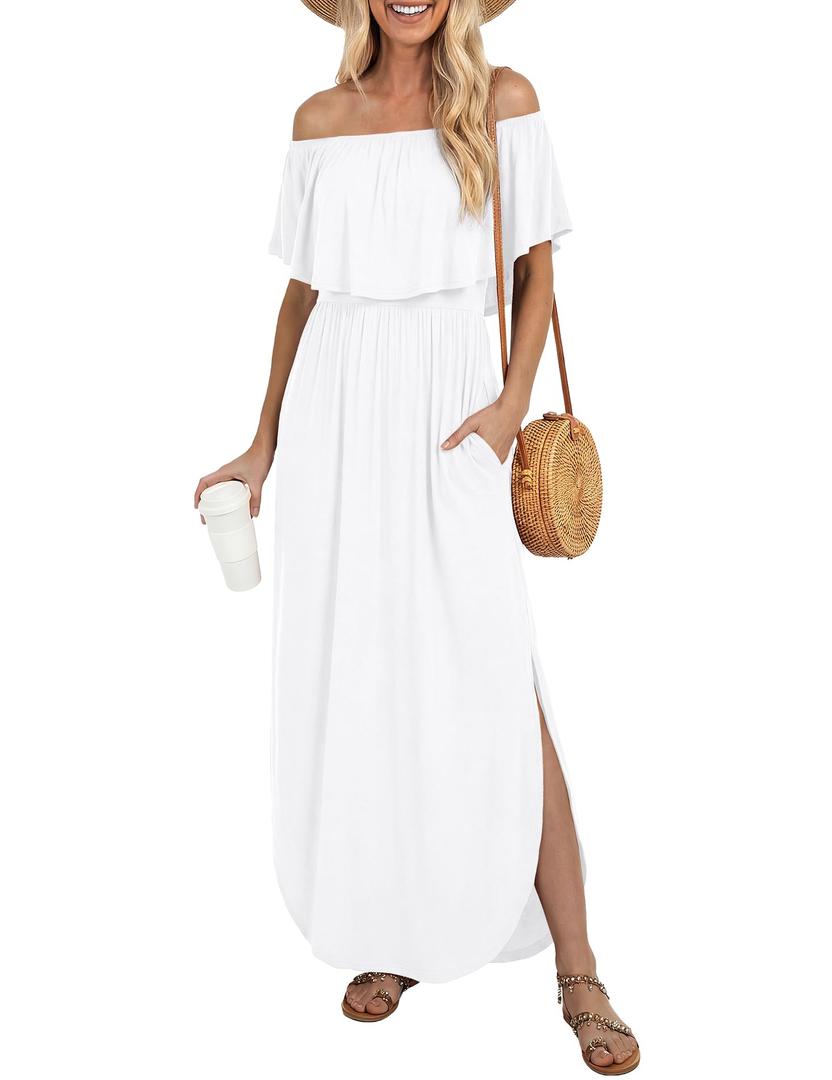 LILBETTER Womens Off The Shoulder Ruffle Party Dresses Side Split Beach Maxi Dresses(White, Medium)