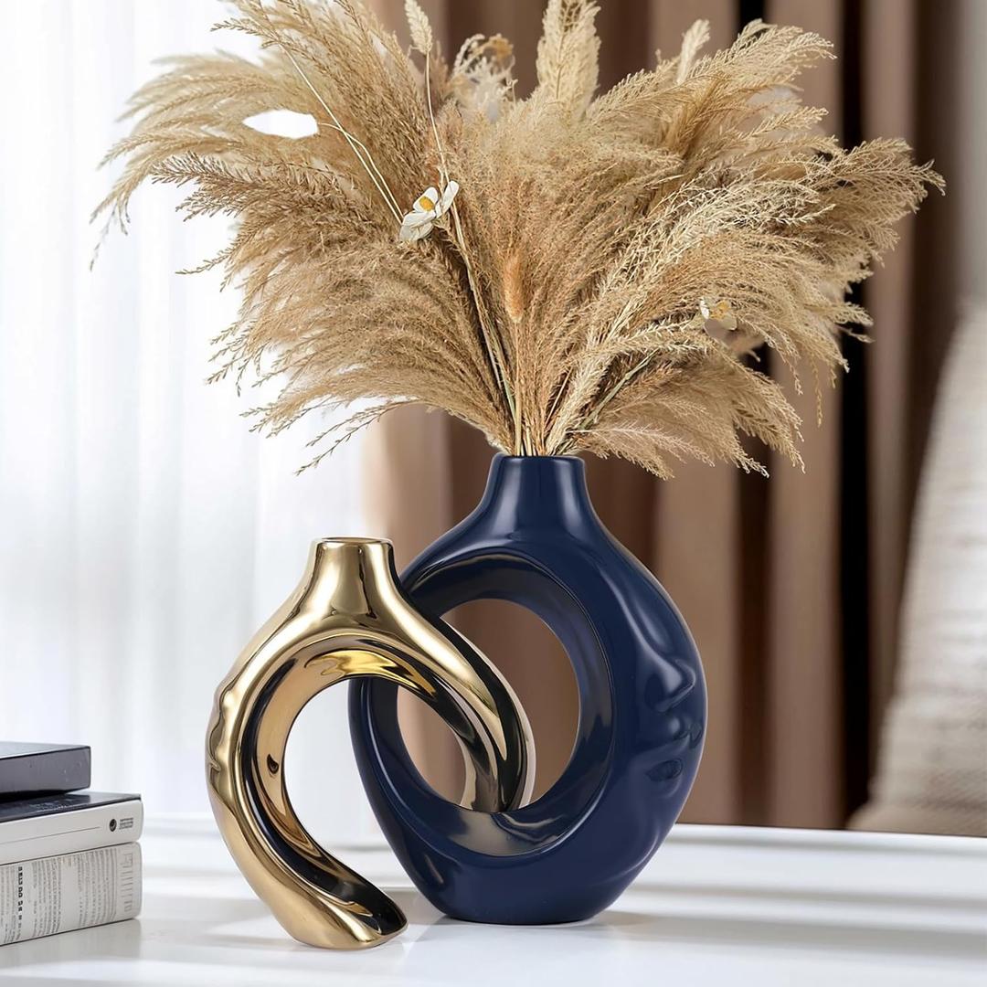 Navy Blue Gold Ceramic Vase Set of 2 for Modern Home Decor,Round Boho Vase for Pampas Grass,Neutral Minimalist Statue for Dining Room Table Centerpiece Dining Room,Wedding Table Decoration
