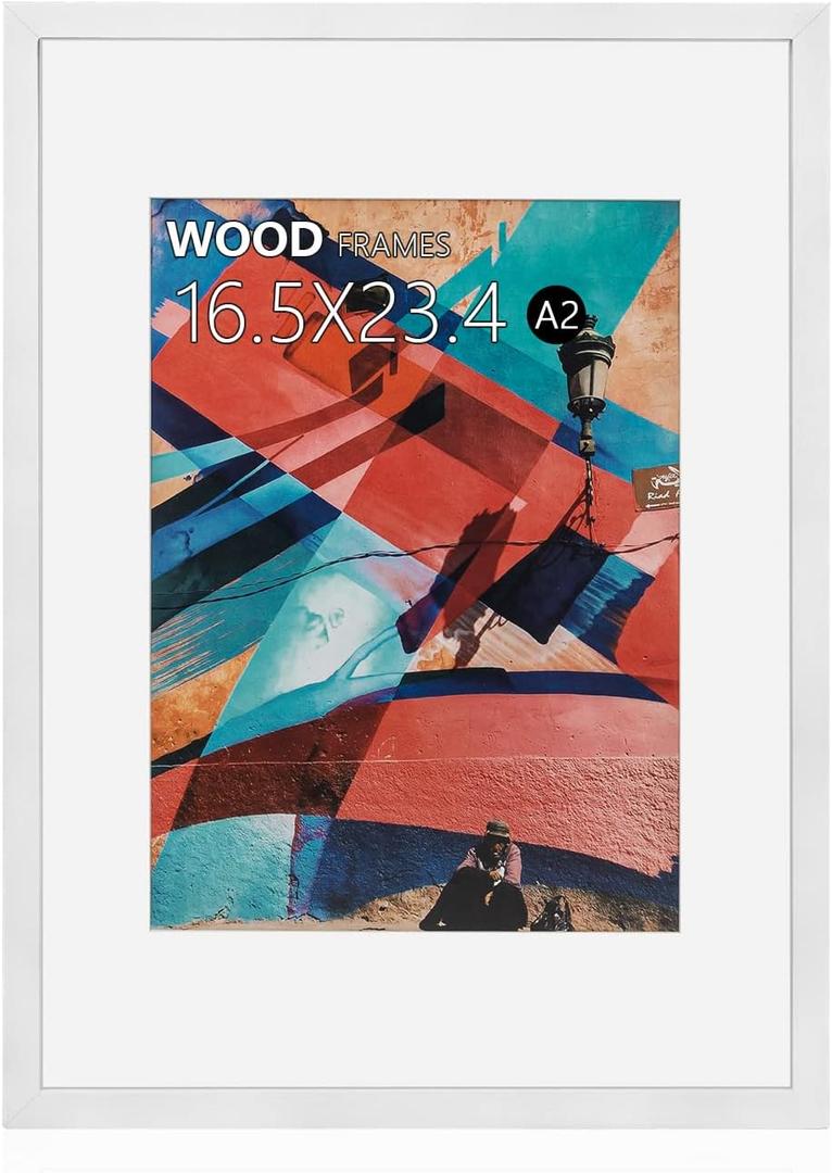 A2 Poster Frame,16.5x23.4 Natural Soild Wood White Picture Frames with Polished Plexiglass,Easy to Hang,Display Picture A2 without Mat or A3 with Mat for Wall Mounting Horizontally and Vertically