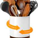 Nucookery 360 Rotating Utensil Holder, 7.2" Large Utensil Crock, White Ceramic Cooking Utensil Organizer with Countertop-Protection Cork Bottom for Farmhouse Kitchen Decor Christmas Gift (White)