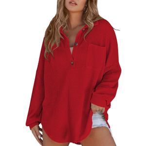 Poetsky Womens Waffle Knit Tops 2026 Oversized Long Sleeve Henley Shirts Fall Casual V Neck Loose Fit Tunic Blouse (Medium, Red)
