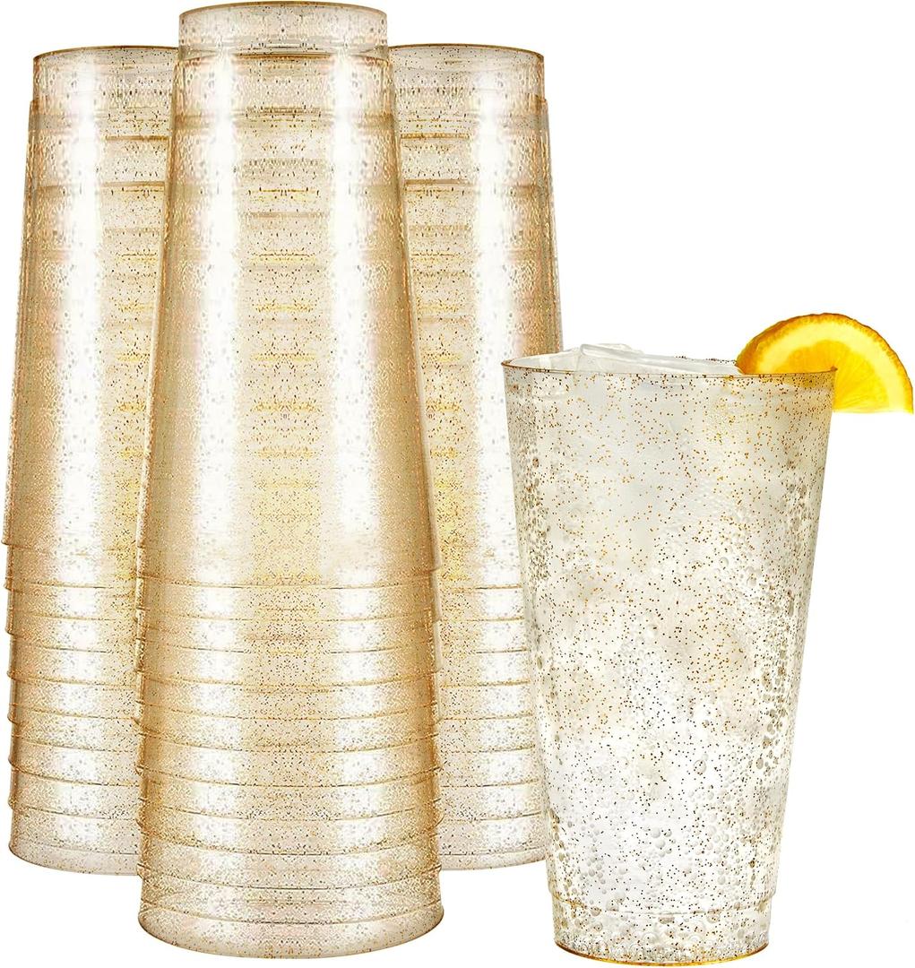 R-kay 16 oz Gold Glitter Plastic Cups For Party - 100 Pack Gold PLastic Cups - Hard Disposable Cups - Premium Heavy Duty Gold Cups - Disposable Cocktail Glasses - Party Cups (16 OZ)