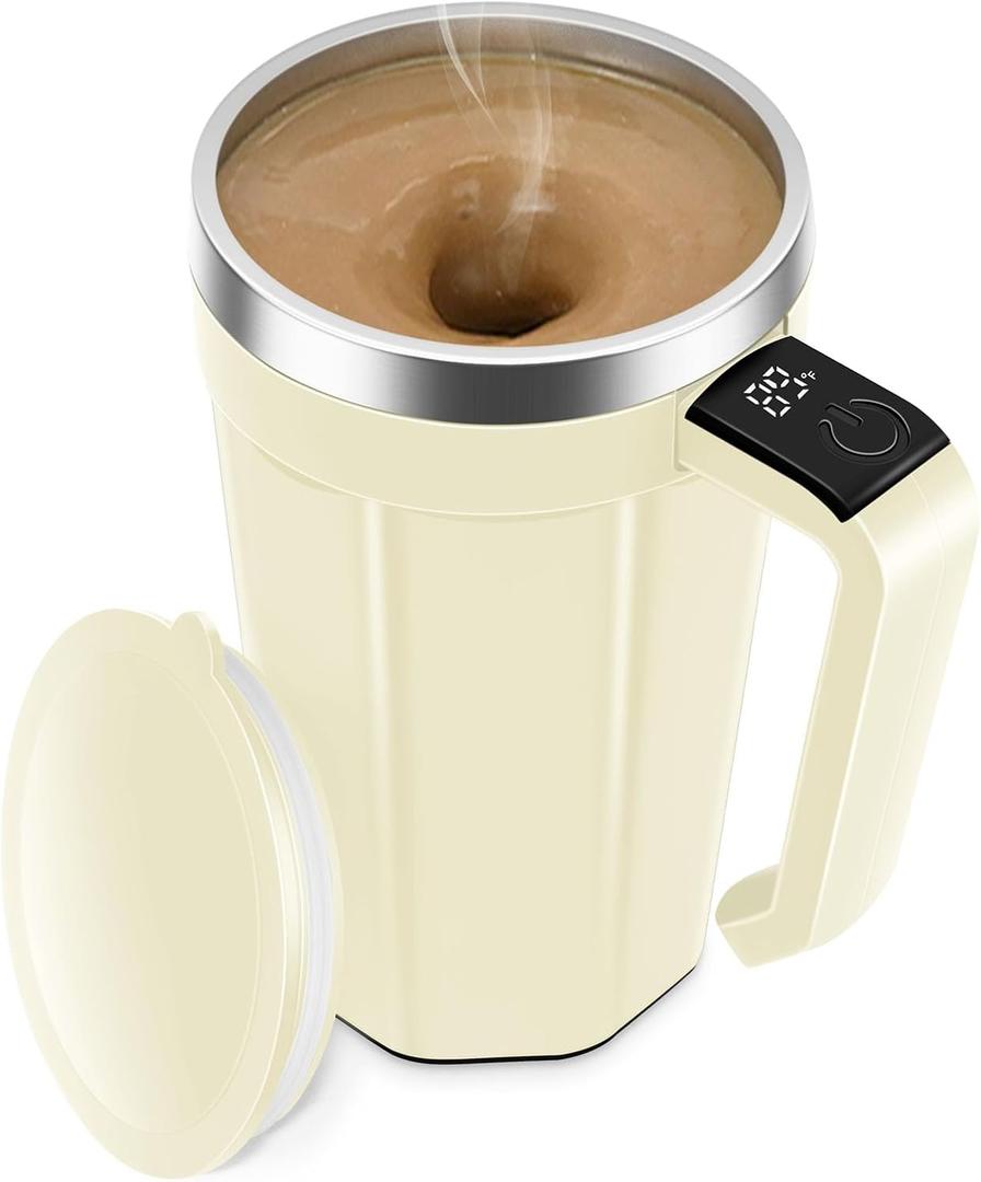Self Stirring Coffee Mug with Temperature Display, 18 oz Automatic Magnetic Mixing Cup, Rechargeable Travel Mug for Coffee, Milk, Cocoa - (White)