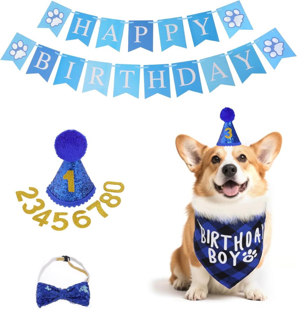 hoyuwak Dog Birthday Party Supplies Blue Boy Pet Birthday Banner Hat Bow Tie Bandana with Number Set for Boy Small Medium Dogs