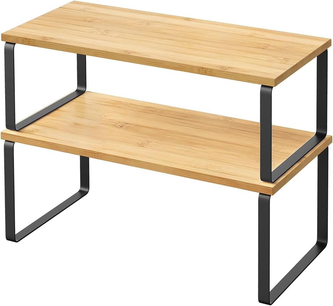 2 Pack Cabinet Organizer Shelves, Stackable and Expandable Kitchen Counter Shelf, for Kitchen Cabinet Countertop Storage, Spice Rack, Metal and Premium Bamboo (Black, 15.6" W)