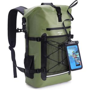 ECOHUB Waterproof Backpack for Women Men, 30L Roll-Top Closure Heavy Duty Dry Bag for Travel with IPX8 Waterproof Phone Case (Green)