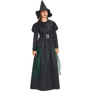 IKALI Women Gothic Witch Costume with Halloween Hat, Medieval Fairytale Witch Fancy Dress Up for Adults Big Girls (Black)