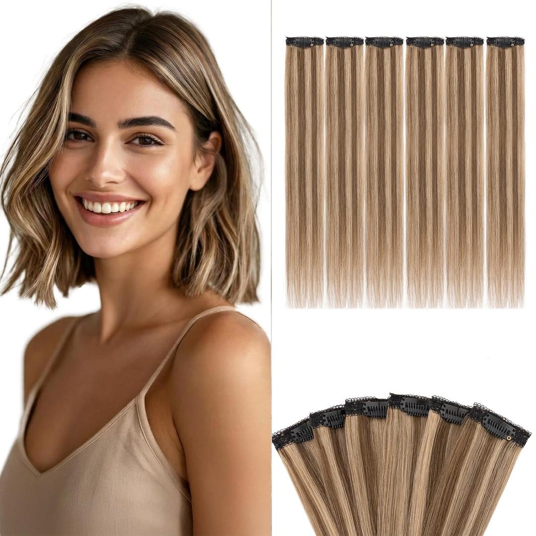 Benehair 6 PCS Clip in Short Hair Extensions 100% Real Human Hair Seamless & Invisible for Women Instant Volume Highlight Length for Daily Use 18'' Medium Brown&Dark Blonde#4P27