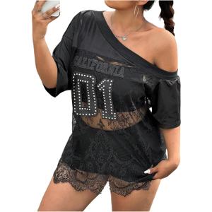 WDIRARA Women's Plus Size Lace Jersey Shirts Short Sleeve Off The Shoulder Tee Sheer Oversized Tops (X-Large Plus, Black)