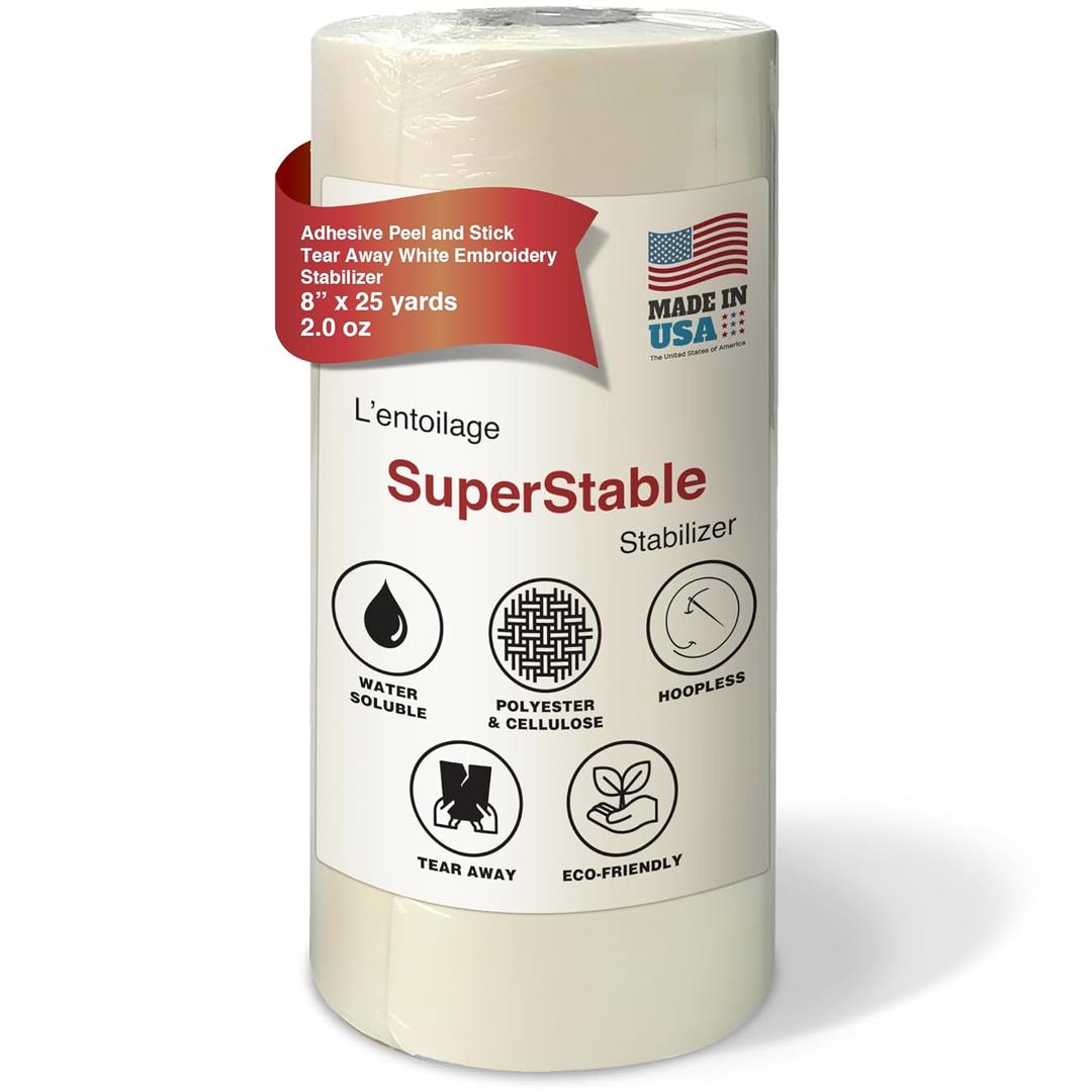 Superpunch White Adhesive Peel & Stick Tear Away Stabilizer for Embroidery - 8-inch x 25-Yard Roll, SuperStable Machine Embroidery Stabilizers Backing 2.0 oz for Hoop Less Embroidery, Made in USA