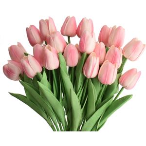 20pcs Artificial Tulips Flowers Fake Faux PU Tulip Bouquet Real Touch Flower Arrangement for Home Room Office Party Wedding Decoration Excellent Gift Idea for Mothers Day (Pink)