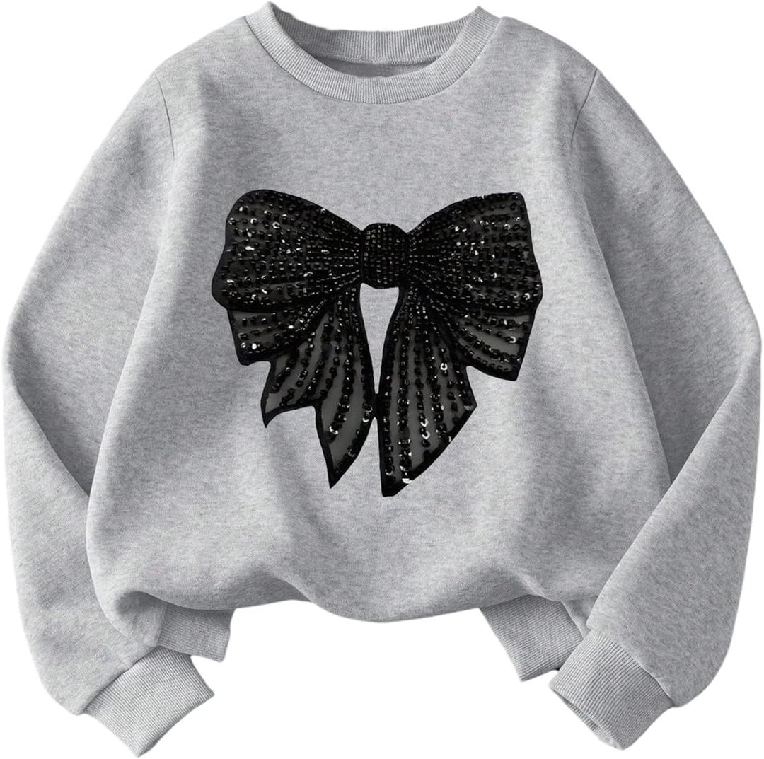 Girl's Bowknot Graphic Sweatshirts Crew Neck Long Sleeve Pullover Sweatshirts (Gray)