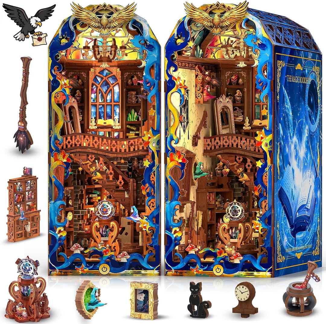 Book Nook Kit, DIY Miniature House 3D Wooden Puzzle with LED Light, Fantasy Bookstore Bookshelf Decor for Adults, Teens & Beginners, Gift for Book Lovers