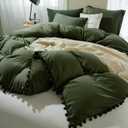 ETDIFFE Dark Olive Green Duvet Cover Queen Size, 3 Piece Boho Bohemian Farmhouse Pom Microfiber Bedding Comforter Cover Set, Soft and Lightweight Quilt Cover (90x90)