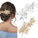 2PCS Gold Flower Hair Clip for Women Girls Elegant Rhinestones Floral Hair Barrettes Leaf Crystal PearlHair Accessories for Brides Bridesmaid