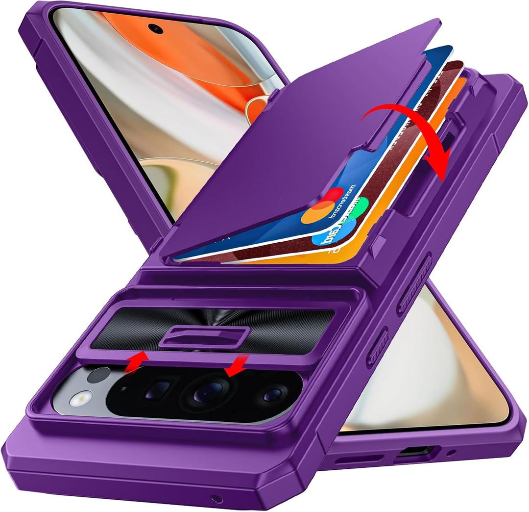 CENMASO for Google Pixel 9 Pro XL Case with Card Holder (4 Cards) Sliding Camera Cover & KickstandRFID Blocking Military Drop Protection & TPU Edge Wallet Case for Pixel 9 Pro XL-Purple