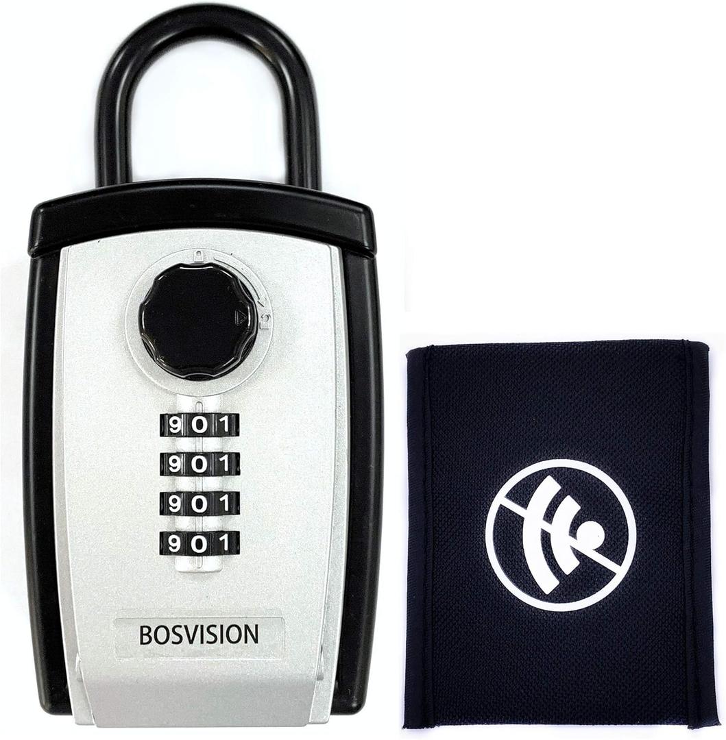 Bosvision Portable Lock Box/Safe with one Faraday Bag for Car Fob, Large Storage Space for 1 Car Fob and 8 House-Key (3 1/2 Standard one)