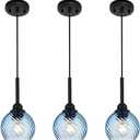 3 Pack Dining Room Light Fixture with Blue Striped Swirl Globe Glass, Stylish Kitchen Island Hanging Pendant Light Black for Bar Hallway Bedroom, 1-Light
