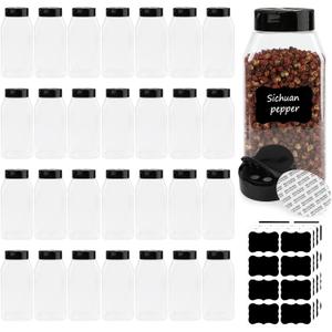 PineHaven 28 Pcs 16 oz Plastic Spice Jars with Black Cap,Square Plastic Bottle Containers with Lid and Stickers,Empty Seasoning Bottles Large Clear Spice Shaker for Storage Spices, Coffee, Tea, Herbs