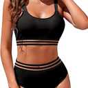 Women's High Waisted Bikini Sets Sporty Crop Top Color Block Swimwear Bandeau Scoop Neck Vintage Two Piece Bathing Suits, L