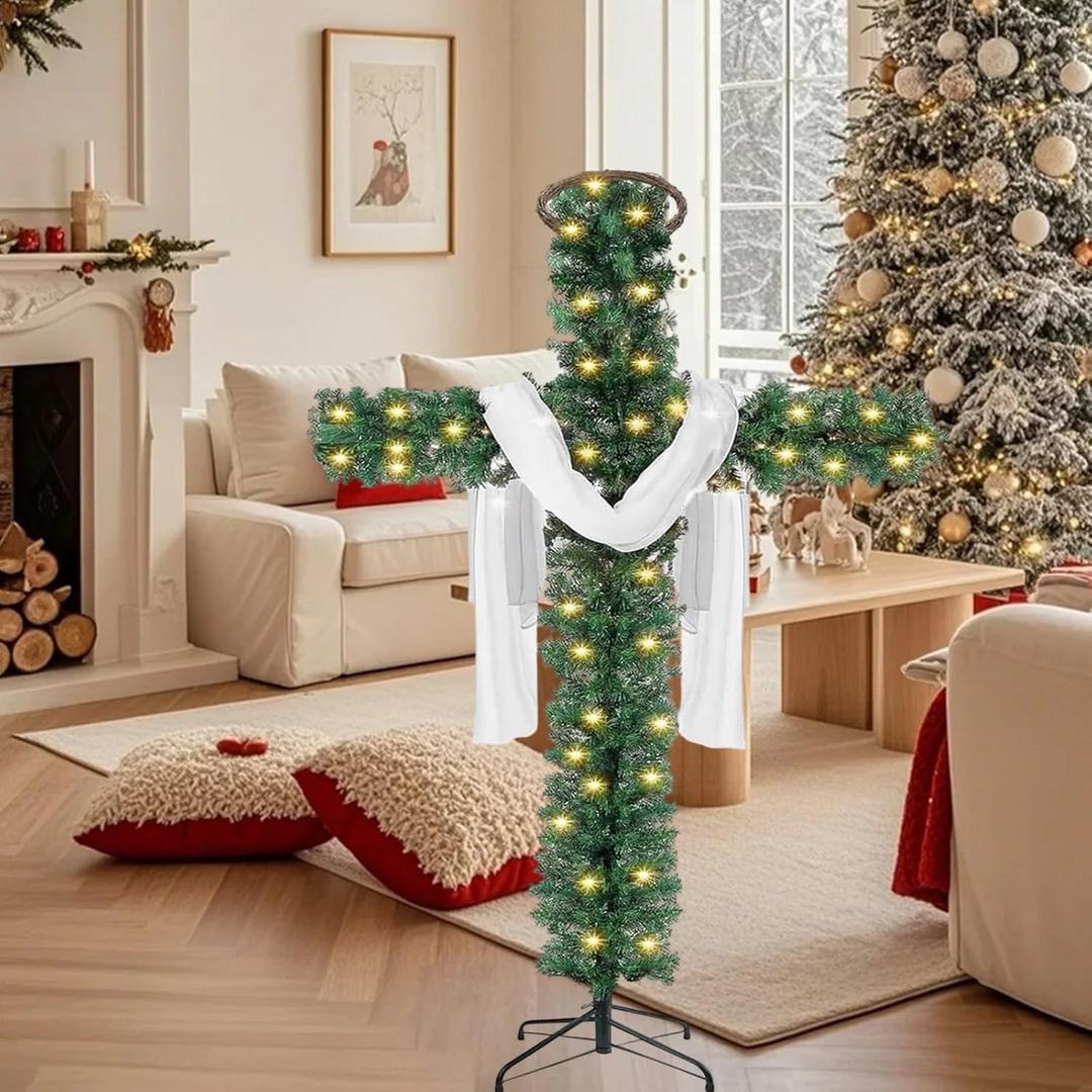 4.9 Ft Cross Christmas Tree, Foldable Artificial Christmas Tree with Lights & White Silk Scarf, Jesus Christ Catholic Cross Decor, Xmas Outdoor Decorations for Church Yard Living Room (Green)