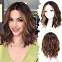 Starmo Brown Highlights Short Wavy Bob Glueless Synthetic Fiber Lace Front Wigs for Women Pre Cut for Beginners Natural Hairline 14 Inch