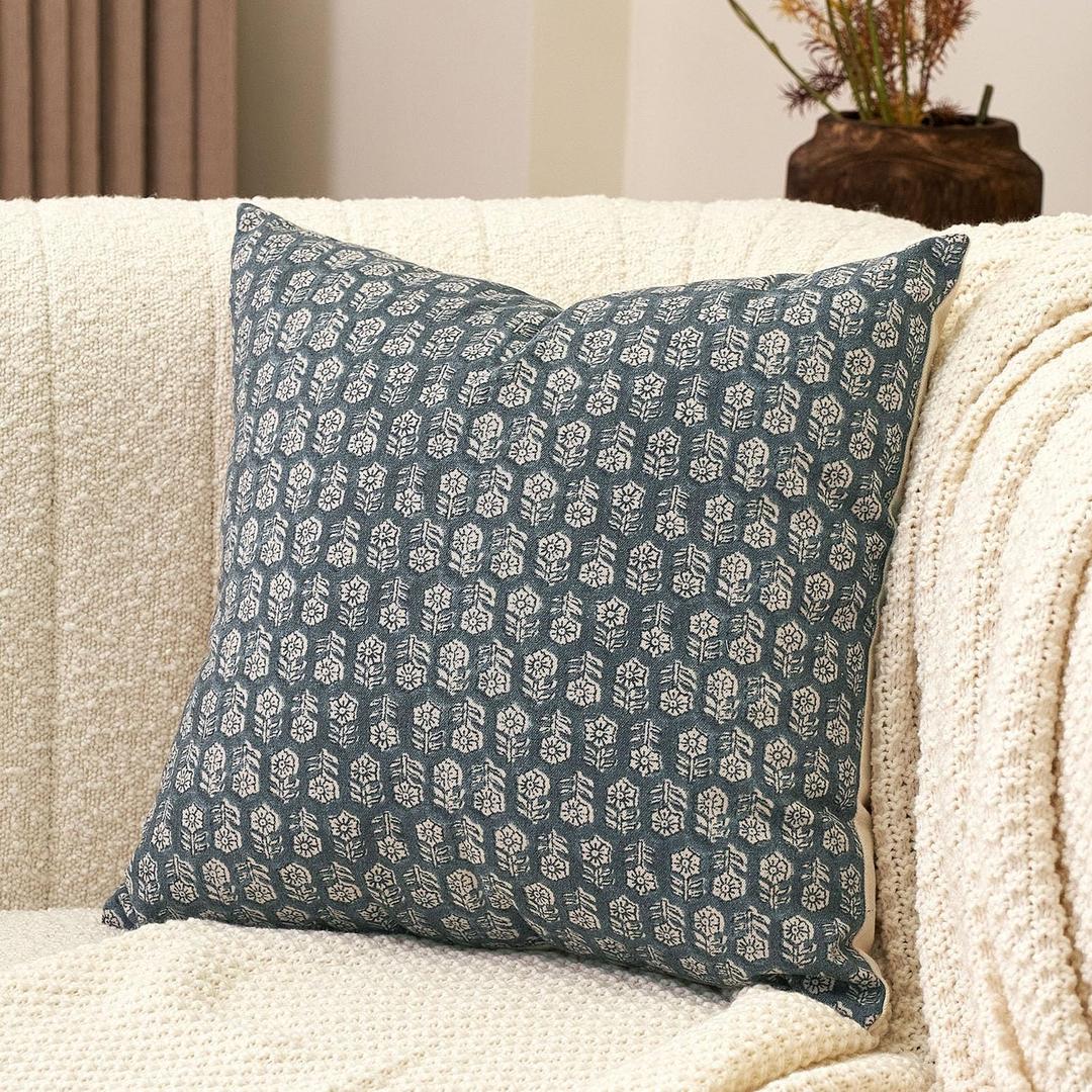 Amor Virisso Floral Pillow Covers 20x20 Farmhouse Neutral Decorative Pillow Covers for Couch Accent Sofa Pillows 1PC, Dusty Blue