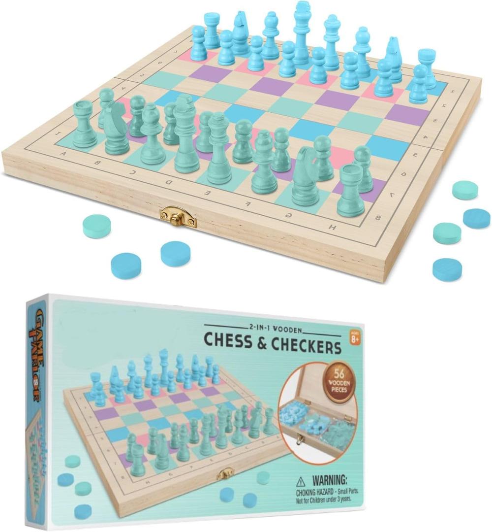 2 in 1 Wooden Chess and Checkers Set - Chess Set for Kids  11 x 11 Wood Game Board Folds As Storage Case - Chess Checker Set - Childrens Chess Sets for Beginners - Chess Board for Kids