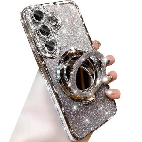 for Samsung Galaxy S25 Plus Magnetic Kickstand Glitter Case, [Compatible with Magsafe] Bling Sparkly Rhinestones with Camera Protector Makeup Mirror Women Girls Case for Galaxy S25 Plus, Silver