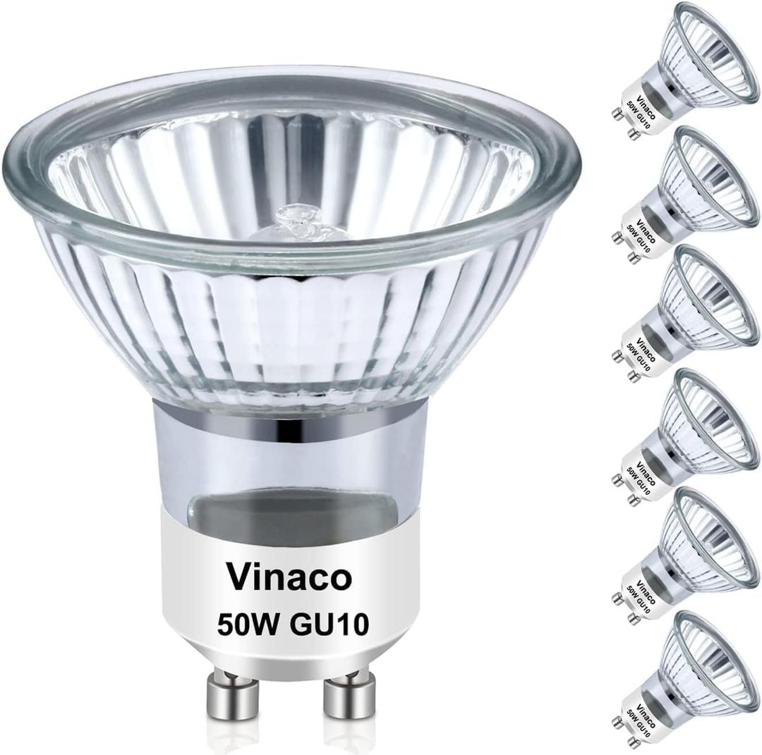 Vinaco GU10 Halogen Bulb Dimmable, GU10+c 110V 50W Candle Warmer Lamp Replacement, MR16 GU 10 50W Halogen Bulb 120V, 50 W MR16 with Glass Cover for Track&Recessed Lighting, 2800K Warm White, 6 Pack