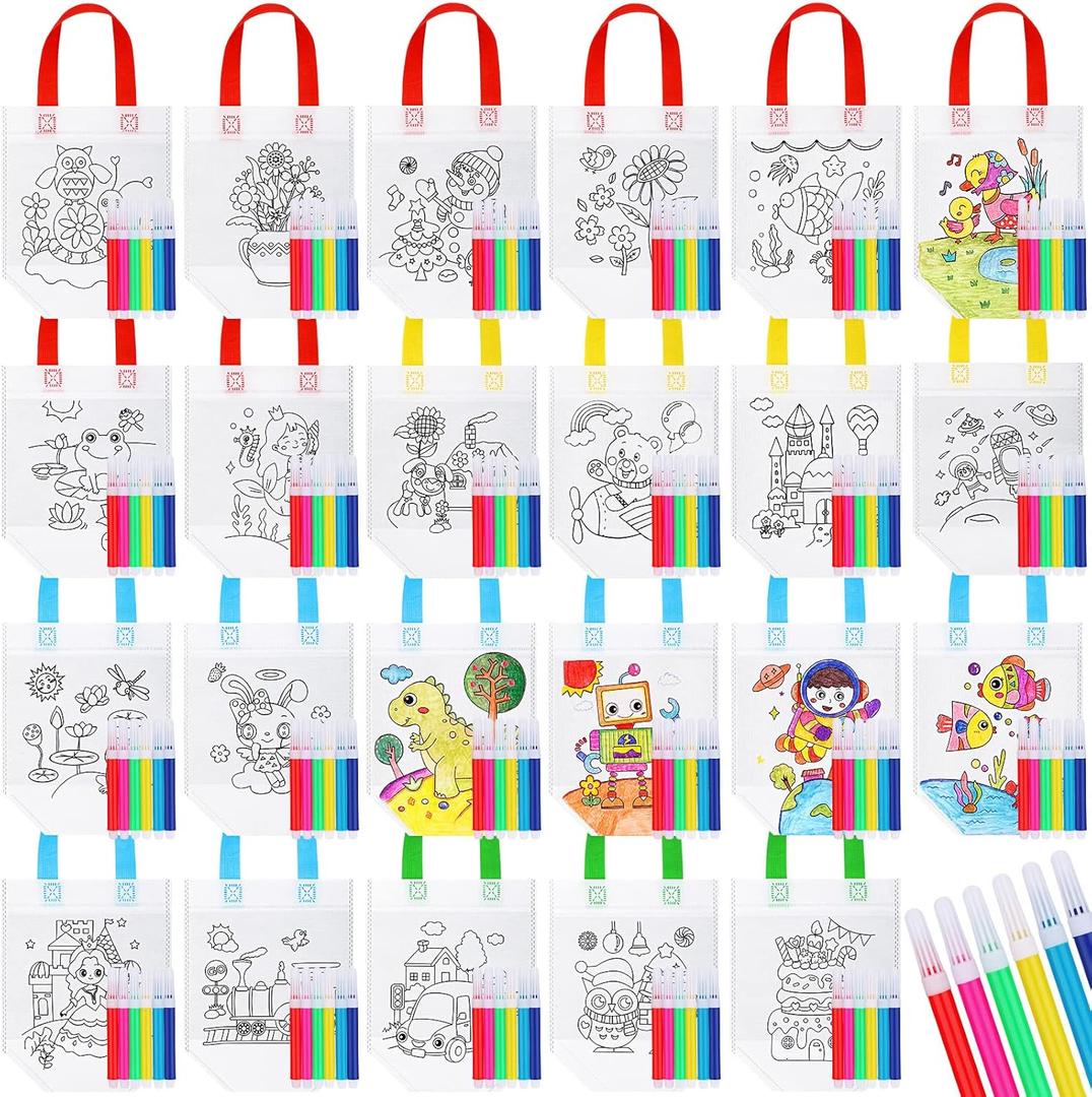 Chunful 48 Pieces Cute Coloring Goodie Gift Bags for Kids Birthday Party Coloring Tote Bags Reusable Cartoon Colorful Party Favor Non Woven with Colorful Pens DIY Crafts (Lovely with Maker)