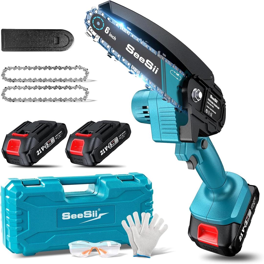 Seesii Mini Chainsaw Cordless 6-inch, Handheld Electric Power Chain Saw with 2 Batteries, for Tree Trimming Wood Cutting, Best Gifts for Dad, Husband (Blue)